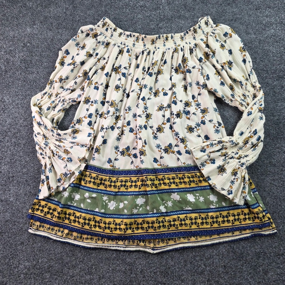 Lola P Floral Off The Shoulder Blouse Boho Smocked Bell Sleeve Rayon Small Cream